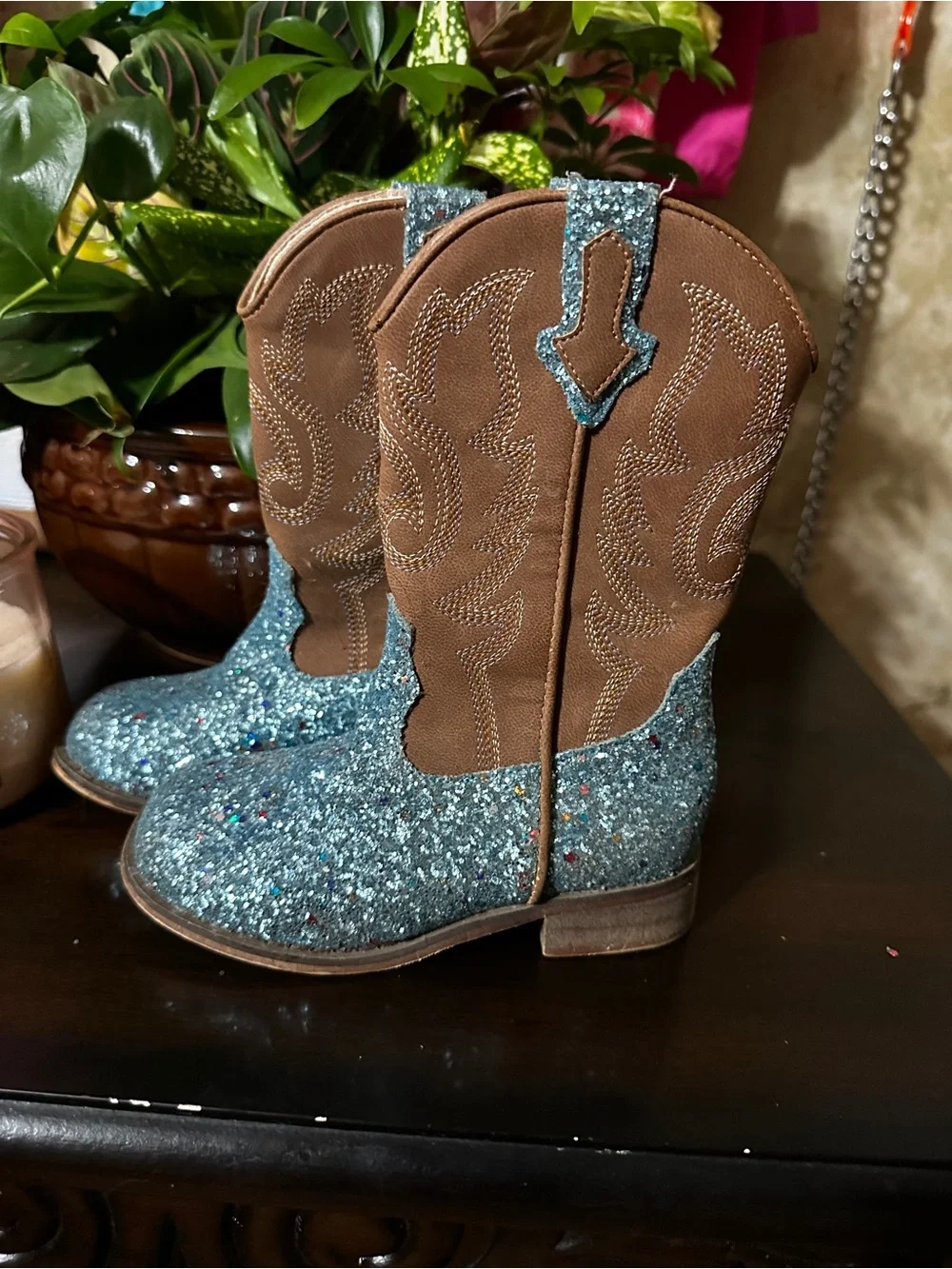 Girls Teal Glitter & Brown Western Boots - Kids Pull-On Cowboy Style